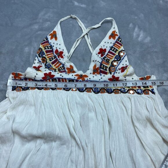 Raga Boho‎ Babydoll Top Dress Womens M White Embroidered Mirrors Hippie NWT - Picture 10 of 13
